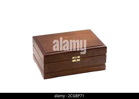 brown wooden box with lid and latch isolated on white background Stock Photo