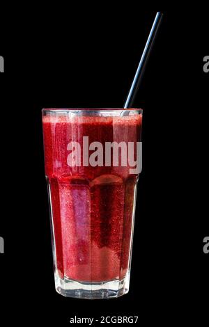 Dark red or Burgundy fruit and berry smoothie in a large glass glass on a black background, isolated Stock Photo