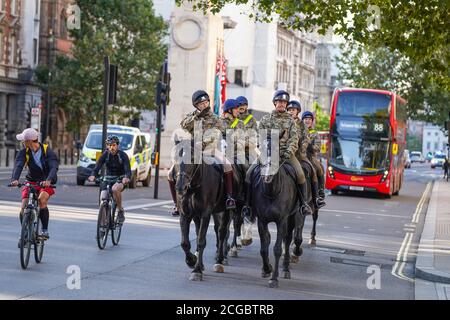London, UK. 10th Sep, 2020. London. 10/09/2020. Members of the military ride horses along Whitehall in central London this morning. Photo credit: Ιoannis Alexopoulos/ ALAMY LIVE NEWS Stock Photo