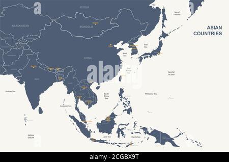 Asian countries named vector map. Stock Vector