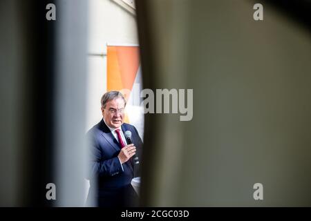 Duesseldorf, Germany. 10th Sep, 2020. Armin Laschet, Minister President of North Rhine-Westphalia (CDU), speaks at a press conference with the chairwoman of the Women's Union NRW and candidates for the local elections. Credit: Marcel Kusch/dpa/Alamy Live News Stock Photo