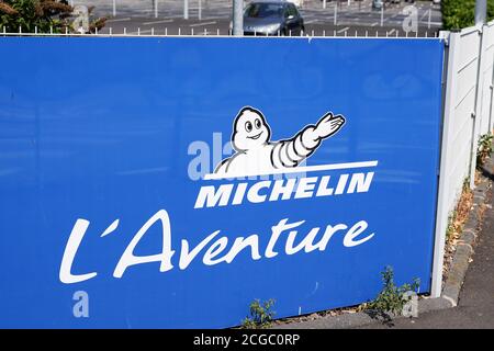 Clermont-Ferrand, , Auvergne / France - 09 01 2020 : Michelin l'aventure bibendum logo sign and text logo on trademark corporate tyres industrial muse Stock Photo