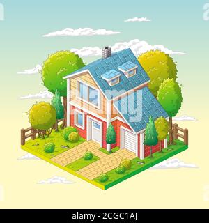 Isometric house with garden. Hand drawn vector illustration with separate layers. Stock Vector