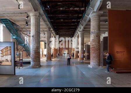 2018 Venice Architecture Biennale curated by Yvonne Farrell and Shelley McNamara.  Main hall of the Arsenale. Stock Photo