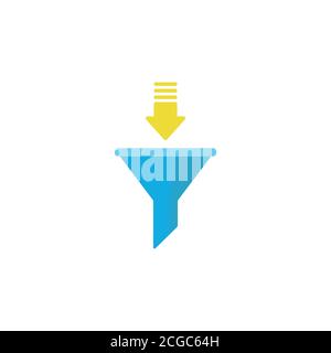 blue data filter with yellow arrow. Flat data funnel icon. isolated on white background. Analytics info, tunnel information, flow exploration, vector Stock Vector