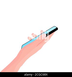 Mobile phone in the hand. Woman holds black smartphone. Finger touching screen. Online education, learning on mobile. Copy space for your text. Vector Stock Vector