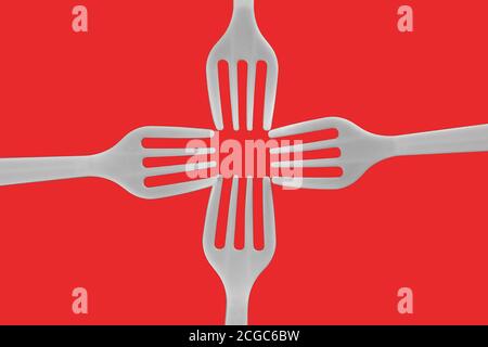 four plastic white forks on a red background Stock Photo