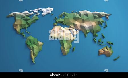 Abstract polygon 3d render world map isolated on white background Stock ...