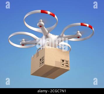 Drone with cardboard box in the sky Stock Photo