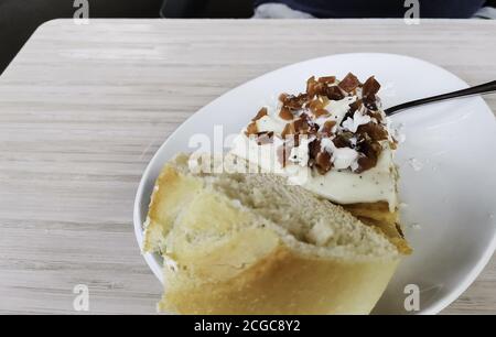 Skewer omelette with bacon and mayonnaise, breakfast and snack Stock Photo