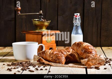 Appetizing croissants surrounded by coffee beans, a cup, a traditional coffee mill and a glass bottle of milk on a table. Breakfast concept. Stock Photo