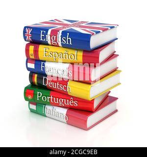 Stack of dictionaries, learning foreign language Stock Photo