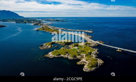 Atlanterhavsvegen, scenic coastal highway, west coast of Norway, drone photo from above showing the unique scenic route of Atlanterhavsvegen Stock Photo