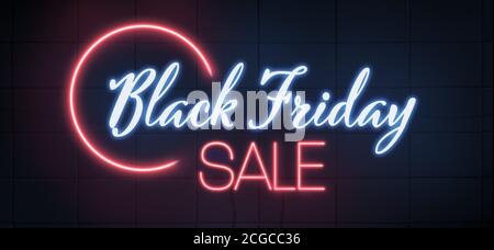 Black Friday Sale. Black Friday Neon sign on grunge tile wall background. Glowing blue and red neon text for advertising and promotion. Stock Photo