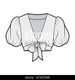 Tie-front cropped shirt technical fashion illustration with voluminous short puff sleeves, plunging neckline. Flat blouse apparel template front, grey color. Women, men, unisex top CAD mockup.  Stock Vector