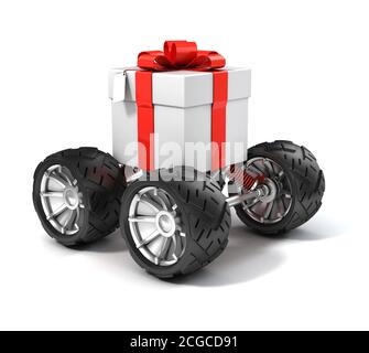 gift box on big wheels Stock Photo