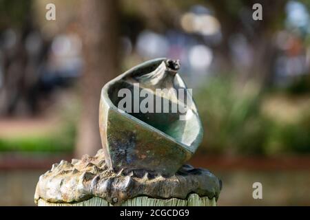 Mandurah, Western Australia - August, 2020: Bronze sculpture of a boat at Mandurah artwalk. Horizontal view. The sculpture is a part of public artwork Stock Photo