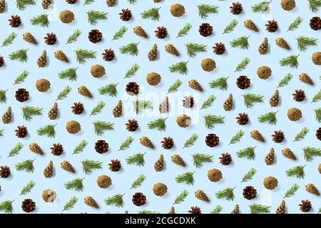 Pine cone Christmas background on blue. Pine branches and cones. minimal creative cone arrangement pattern. flat lay, Modern christmas Background. Stock Photo