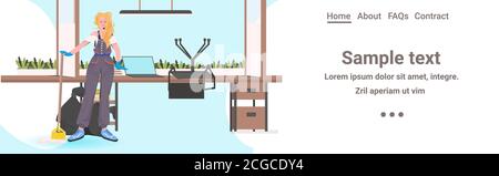 female professional cleaner woman janitor with cleaning equipment mopping floor modern office interior full length horizontal copy space vector illustration Stock Vector
