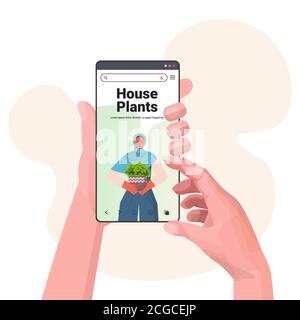 hands using digital device arab woman planting houseplants in pot on smartphone screen horticulture concept portrait copy space vector illustration Stock Vector