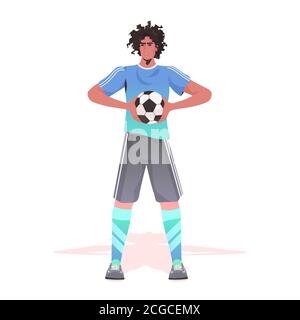 footbal player standing with ball man ready to start the match full length vector illustration Stock Vector