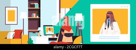 arab doctor on laptop screen consulting arabic female patient online consultation healthcare medicine concept living room interior horizontal portrait vector illustration Stock Vector