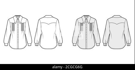 Western-inspired pintucked shirt technical fashion illustration with long sleeves, front button-fastening, exaggerated point collar. Flat template front back white grey color. Women men top CAD mockup Stock Vector