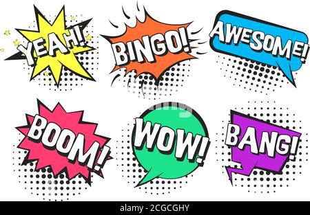 Bright contrast retro comic speech bubbles with colorful YEAH, BINGO, WOW, AWESOME, BANG with halftone shadow in pop art style Stock Vector