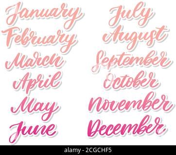 Handwritten names of months: December, January, February, March, April, May, June, July, August, September, October, November. Calligraphy words for Stock Vector