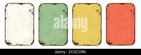 Four empty vintage tin signs on a white background Stock Photo - Alamy