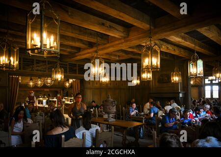 Puy Du Fou, France. 23 July 2020. Medieval buildings and restaurant at Puy Du Fou. Stock Photo