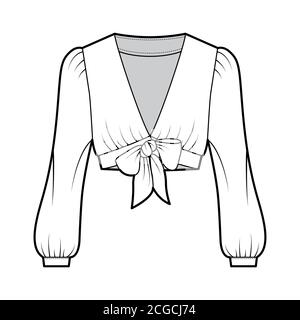 Tie-front cropped shirt technical fashion illustration with voluminous long sleeves, plunging neckline. Flat blouse apparel template front, white color. Women, men, unisex top CAD mockup.  Stock Vector