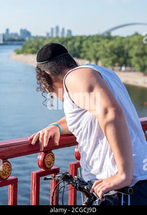 Jewish man wearing kippah in Hebrew or yarmulke (cloth cap ...