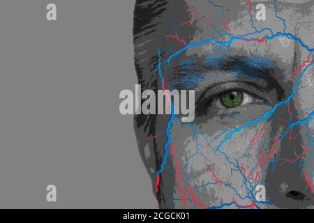 Mental health or psychics concept. Half face of adult man with bunch of nerves and veins. Gray scale posterized style with colored elements on copy sp Stock Photo