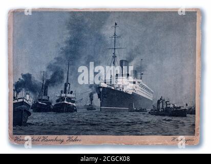 A vintage postcard of Hamburg Harbour with tugboats towing the 'Hansestadt, a passenger ship, later used as a troop carrier during the Second World War. Stock Photo