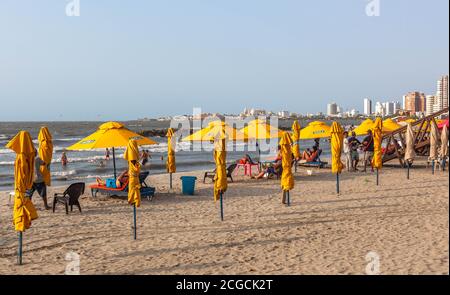A row of beach umbrellas, Bocagrande beach, Cartagena de Indias, Colombia. Stock Photo