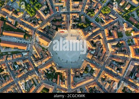 Palmanova town detail: Hexagonal square at Piazza Grande and simmetry of exagonal city in a aerial panoramic view from above