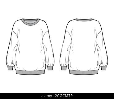 Cotton-terry slouchy oversized sweatshirt technical fashion illustration with loose relaxed fit, crew neckline, long sleeves. Flat jumper template front, back white color. Women, men, unisex top CAD Stock Vector