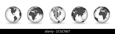 Earth globe icons isolated. World map icons. Hemispheres of earth with a different continents. Vector illustration. Stock Vector