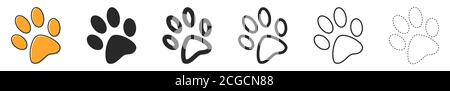 Animal footprint vector icons. Set of Paw prints, on white background. Vector illustration. Various black Paw icons. Stock Vector