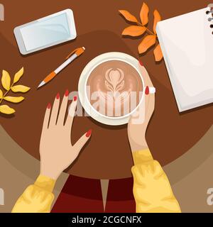 Autumn flat lay with the girl sitting at a table in a cafe with a Cup of cappuccino. Notebook, pen, smartphone, autumn leaves. Flat vector illustratio Stock Vector