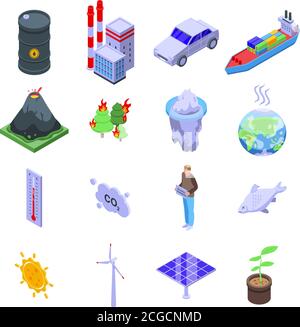 Global warming icons set, isometric style Stock Vector