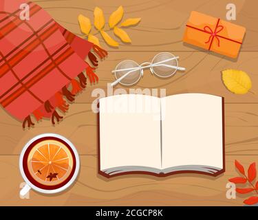 Autumn flat lay with the book, eyeglasses, wool scarf, mulled wine and autumn leaves. Place for text Stock Vector