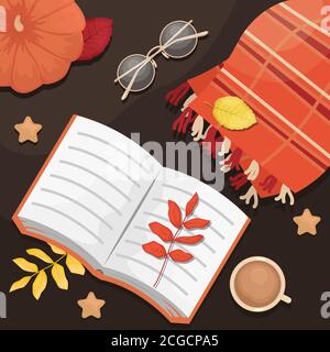 Autumn flat lay with thebook, eyeglasses, wool scarf, coffee, pumpkin and autumn leaves. Flat vector illustration. Stock Vector
