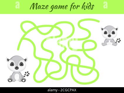 Funny maze or labyrinth game for kids. Help mother find path to baby. Education developing worksheet. Activity page. Cartoon lemur characters. Stock Vector