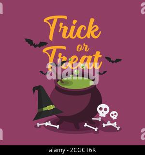 Witch cauldron with bubbling green potion. Halloween party greeting card. Vector illustration Stock Vector