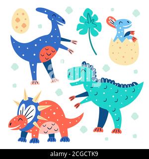 Set of little cute dinosaurs. Triceratops, T-rex, Parasaurolophus, blue baby dino in egg . Prehistoric animals. Jurassic world. Flat colourful vector Stock Vector