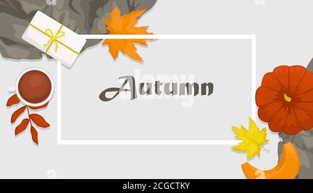 Autumn flat lay with the pumpkin, gift, wool scarf, coffee and autumn leaves. Flat vector illustration. Place for text Stock Vector