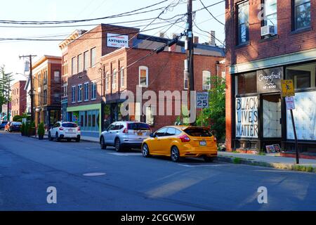 NORTHAMPTON, MA -12 AUG 2020- View of buildings in downtown Northampton, Massachusetts, home to Smith College. Stock Photo