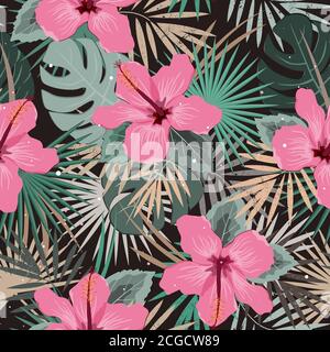 Seamless vector floral summer border with tropical palm leaves and hibiscus flowers. Perfect for wallpapers, web page backgrounds, surface textures Stock Vector